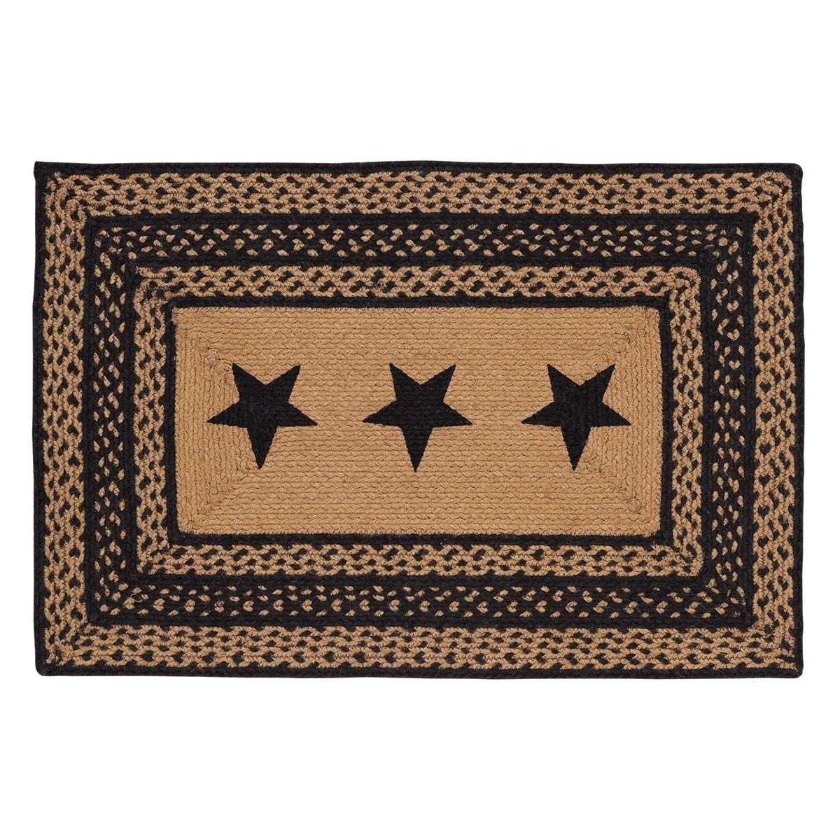 Farmhouse Jute Braided Rugs Rectangular Stencil Stars Country Black, Dark Tan - The Fox Decor