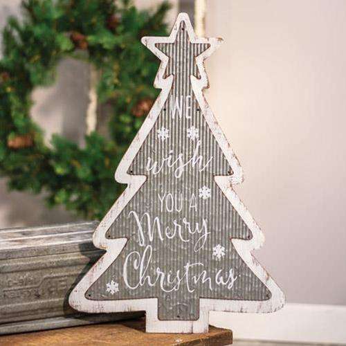 Galvanized Metal and Wood Merry Christmas Tree Sign Winter Signs CWI+ 