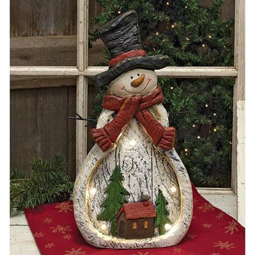 Light Up Resin Snowman With Winter House Scene - The Fox Decor