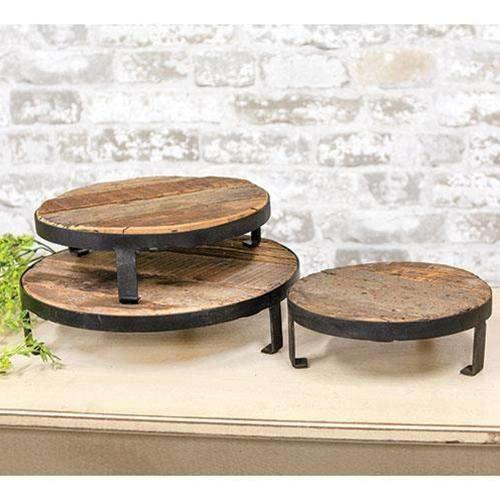 3/Set, Weathered Wood and Metal Round Risers - The Fox Decor