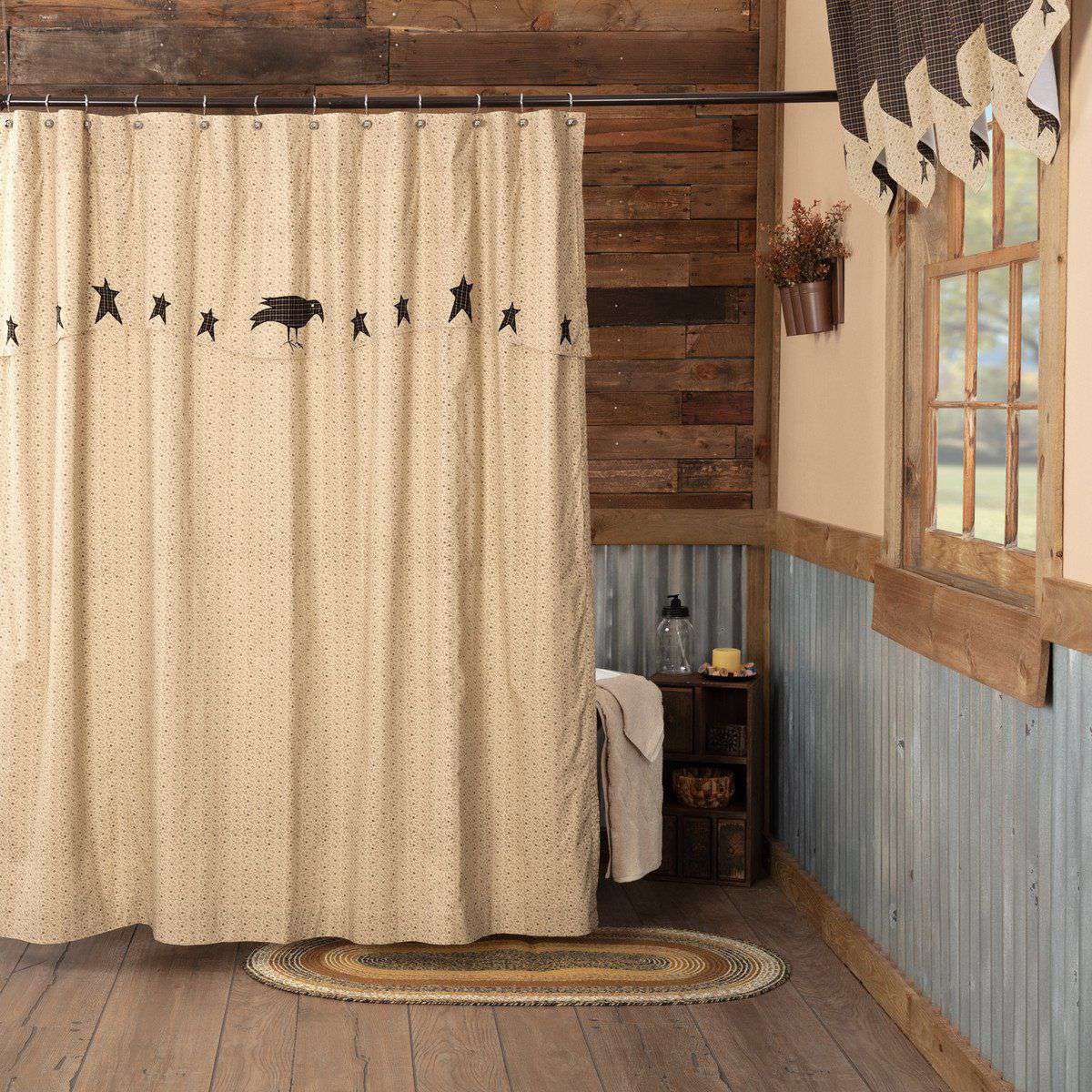 Kettle Grove Shower Curtain with Attached Applique Crow and Star Valance 72"x72" - The Fox Decor