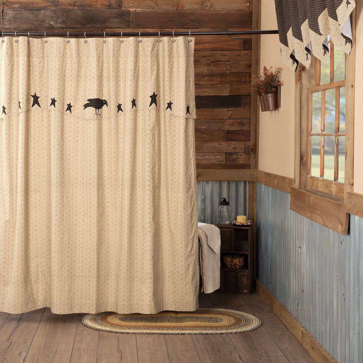 Kettle Grove Shower Curtain with Attached Applique Crow and Star Valance 72"x72" curtain VHC Brands 