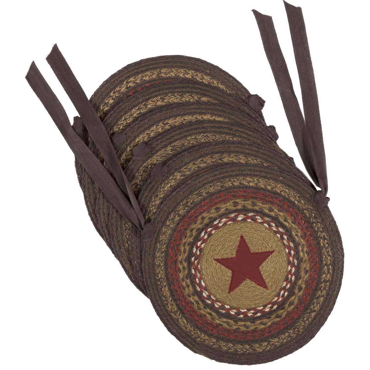 Landon Jute Applique Star Braided Chair Pad Set of 6 Almond, Chestnut, Chili Pepper Chair Pad VHC Brands 