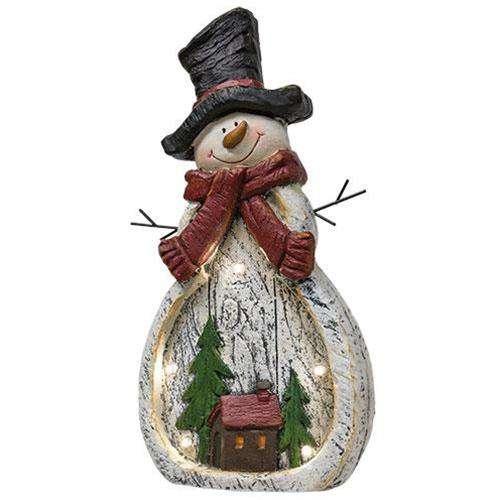 Light Up Resin Snowman With Winter House Scene - The Fox Decor