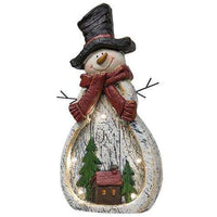 Light Up Resin Snowman With Winter House Scene - The Fox Decor
