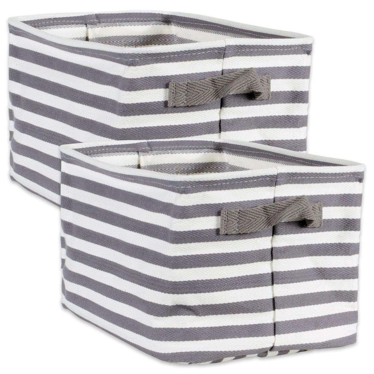 PE Coated Herringbone Woven Cotton Laundry Bin Stripe Gray Rectangle Medium 14X9X8 Set/2