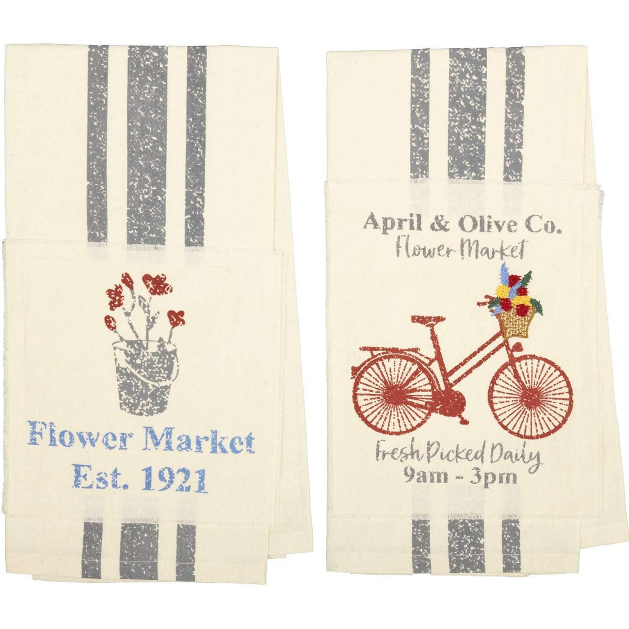 Farmer's Market Flower Market Unbleached Natural Muslin Tea Towel Set of 2 (Flower Pot; Bicycle) VHC Brands - The Fox Decor