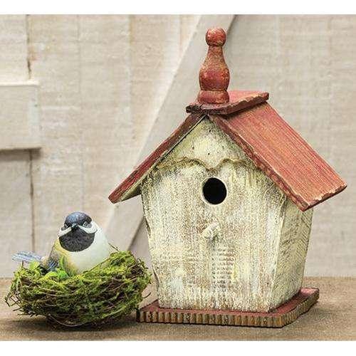 Rustic White Bird House w/Red Roof Bird & Nest Decor CWI+ 