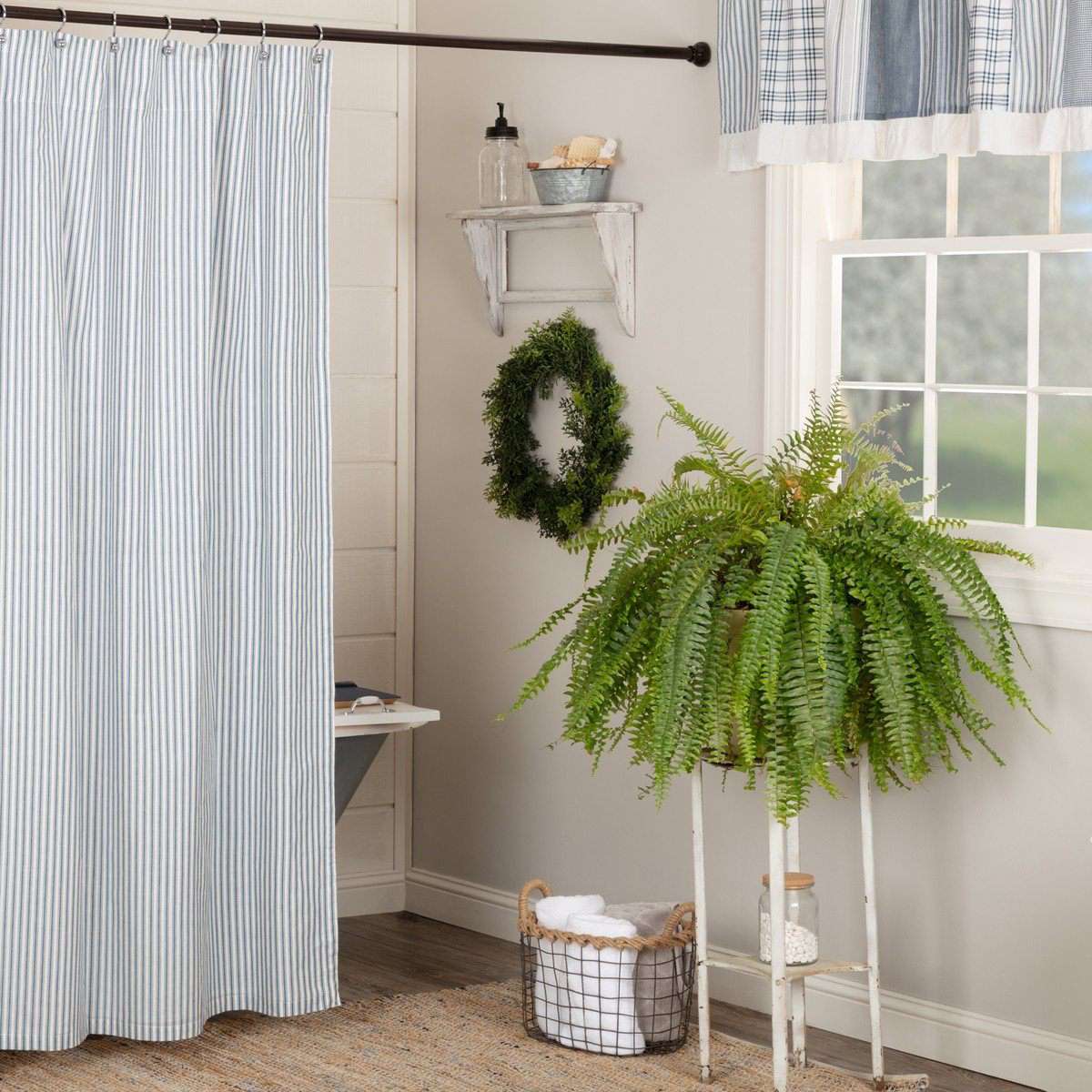 Sawyer Mill Blue/Red/Charcoal Ticking Stripe Shower Curtain 72"x72" - The Fox Decor