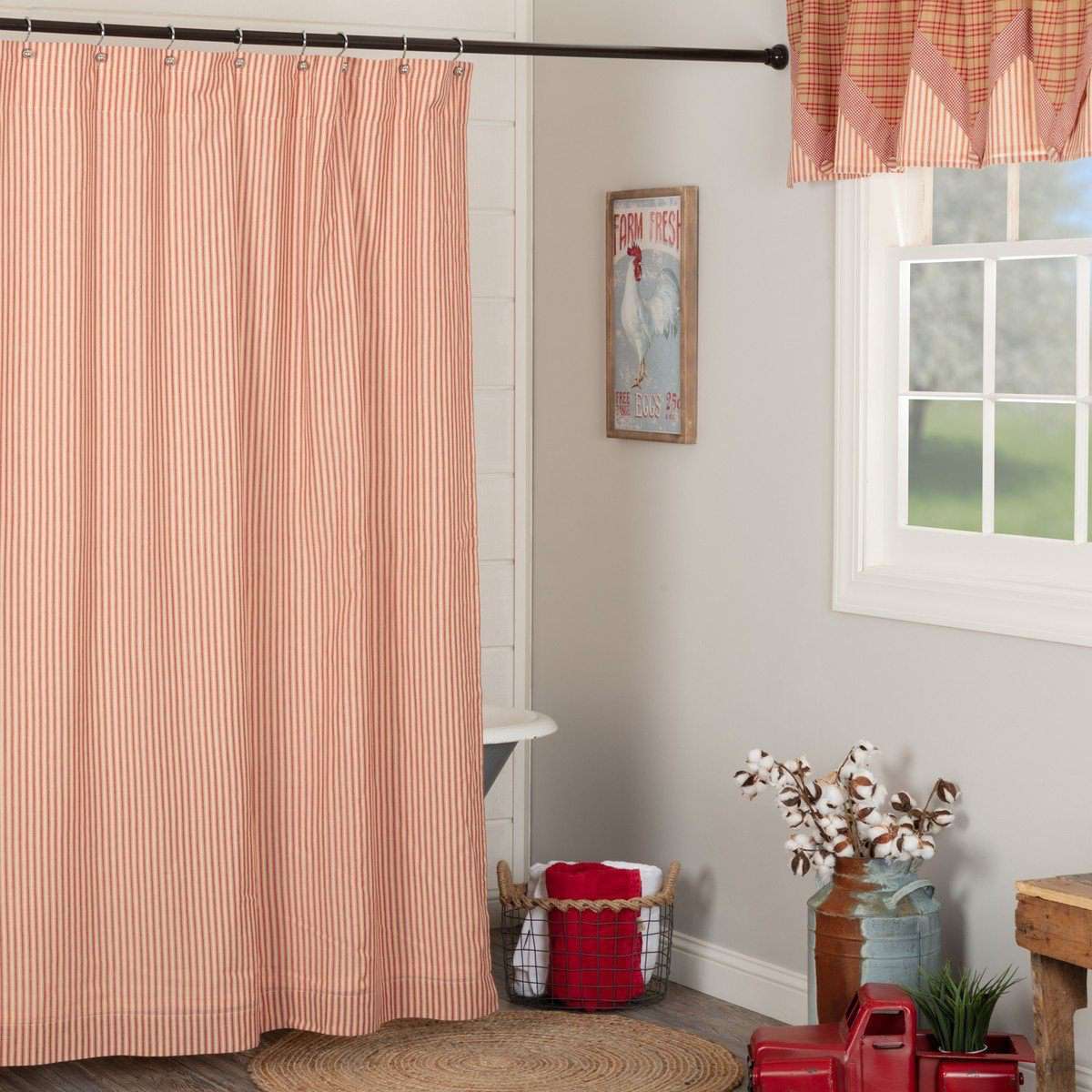Sawyer Mill Blue/Red/Charcoal Ticking Stripe Shower Curtain 72"x72" - The Fox Decor