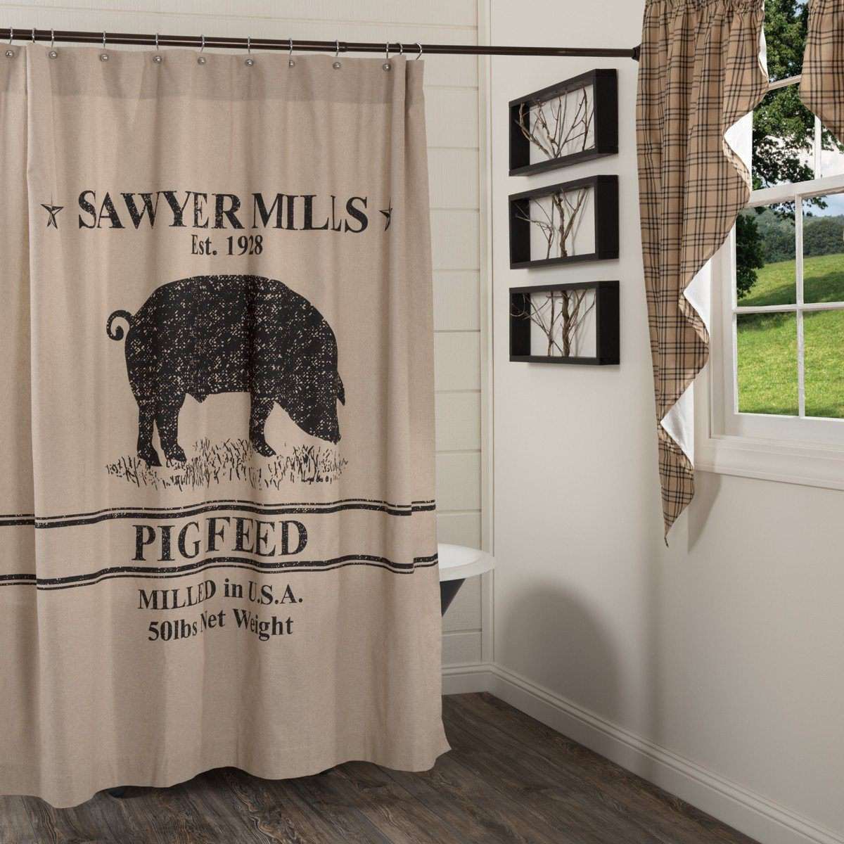Sawyer Mill Charcoal Pig Shower Curtain 72"x72" curtain VHC Brands 