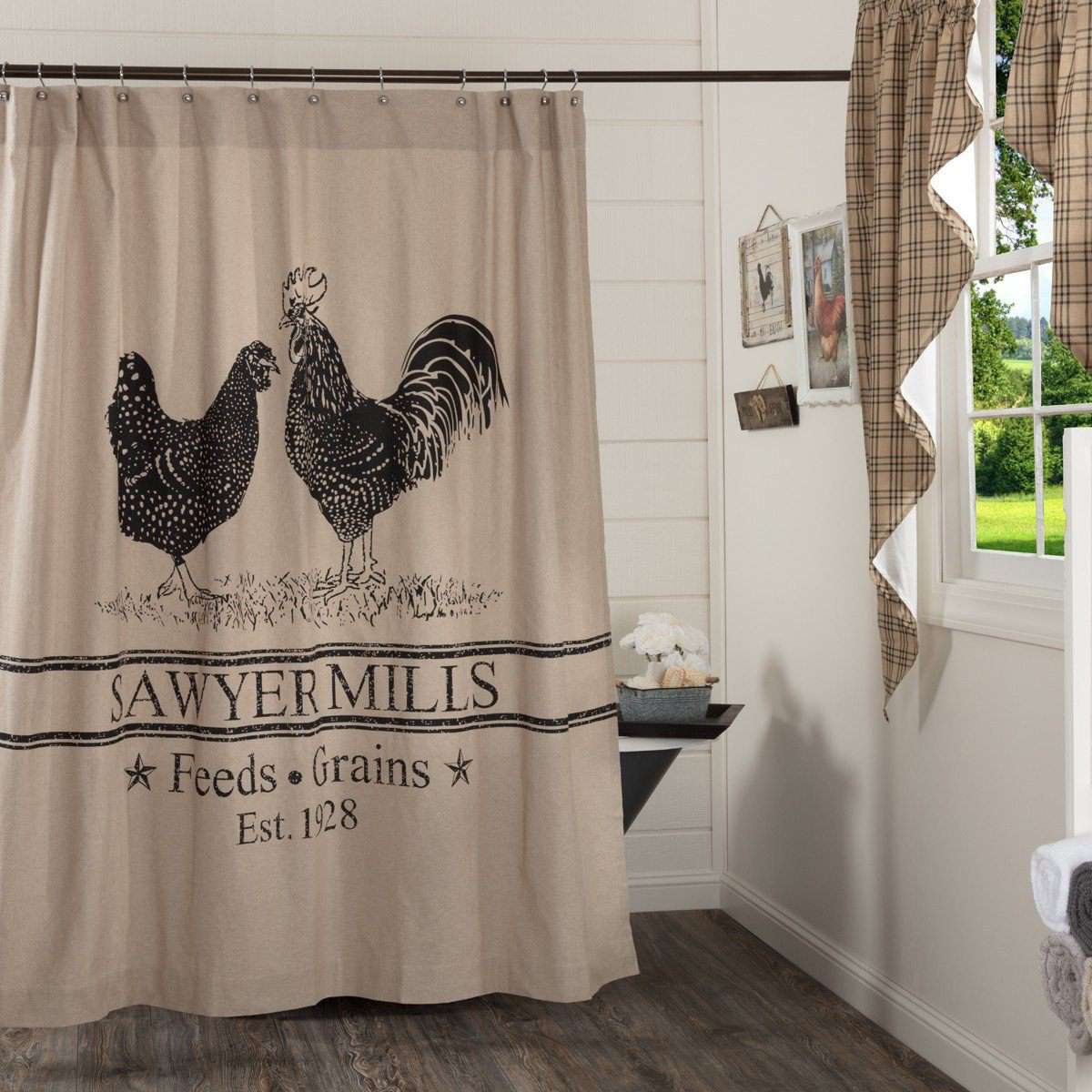 Sawyer Mill Charcoal Poultry Shower Curtain 72"x72" curtain VHC Brands 