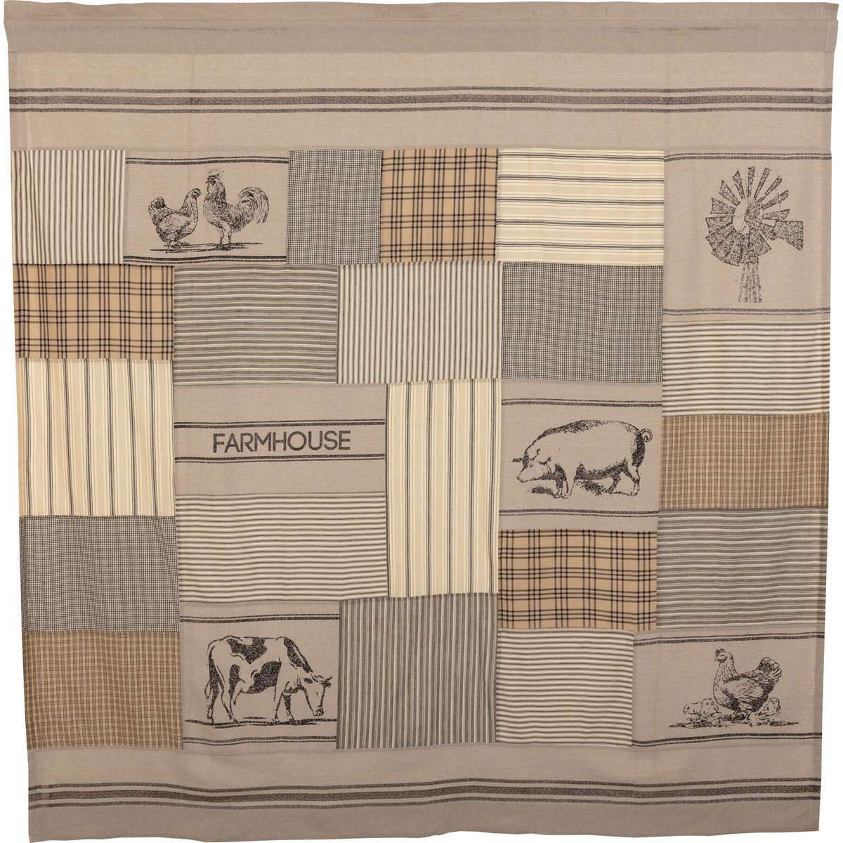 Sawyer Mill Charcoal Stenciled Patchwork Shower Curtain 72"x72" - VHC Brands - The Fox Decor