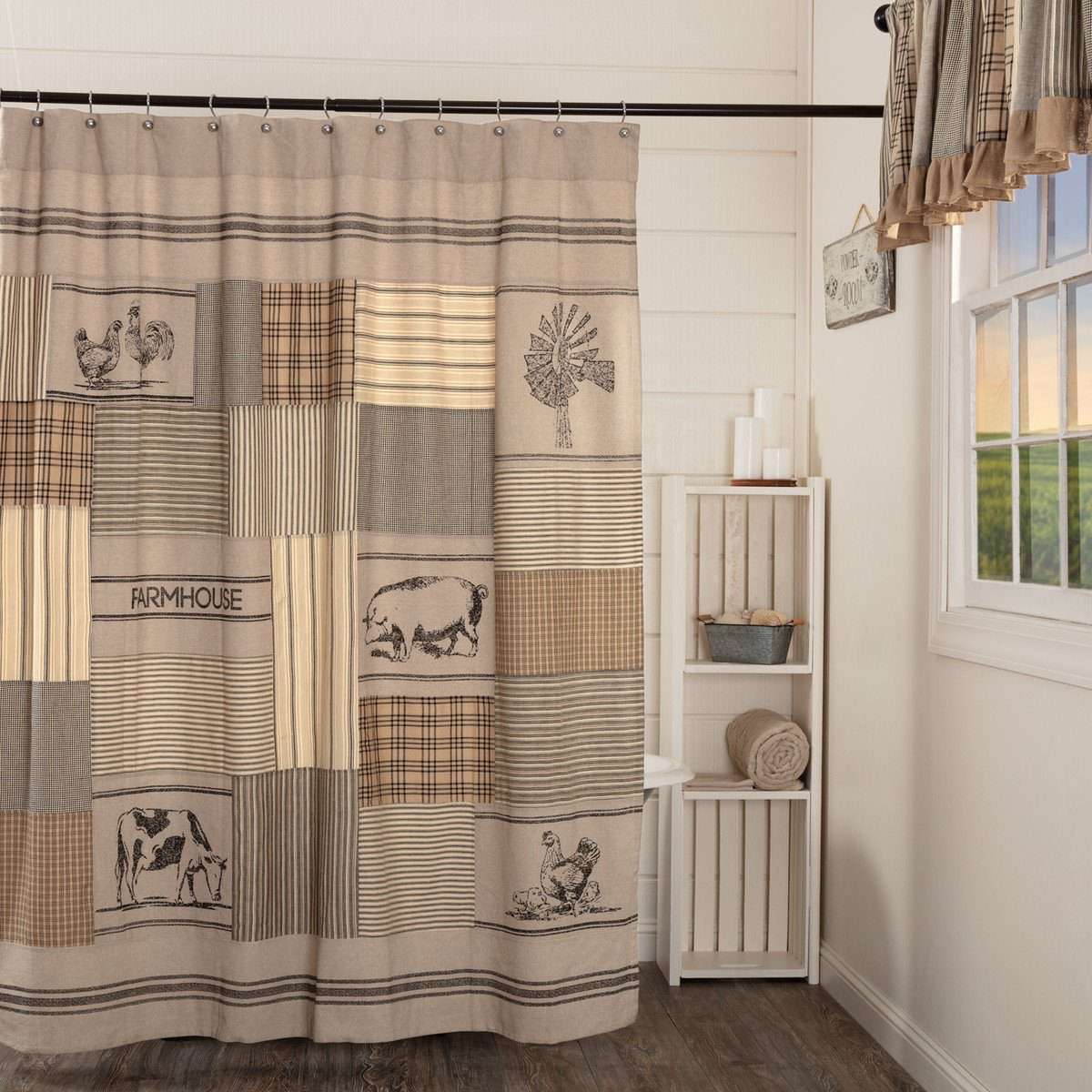 Sawyer Mill Charcoal Stenciled Patchwork Shower Curtain 72"x72" - VHC Brands - The Fox Decor