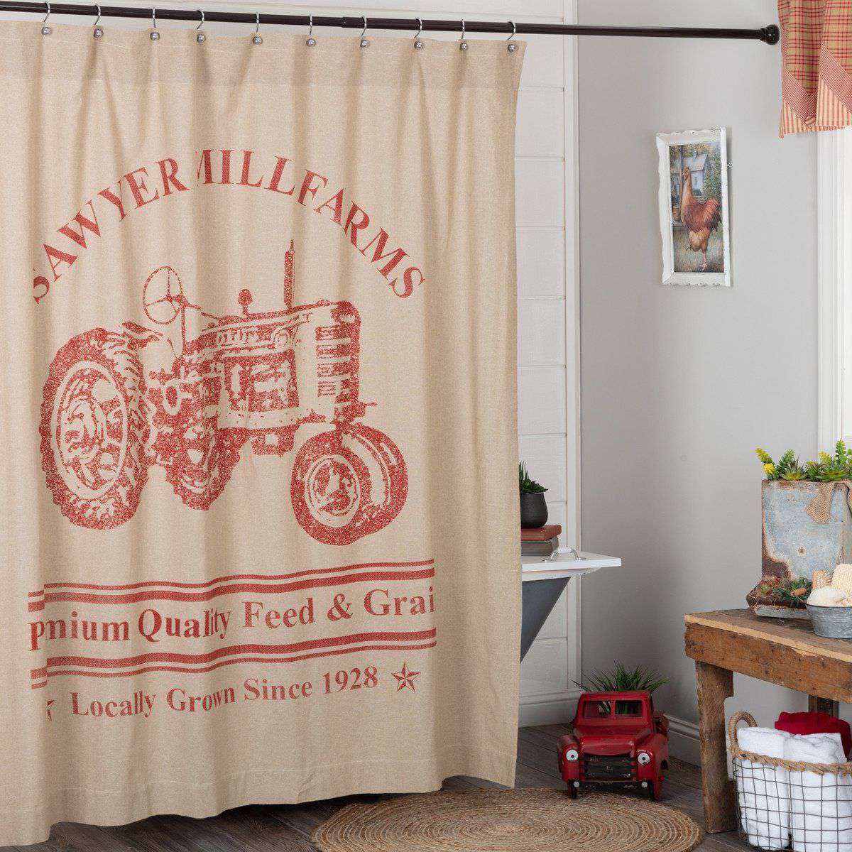 Sawyer Mill Charcoal/Red Tractor Shower Curtain 72