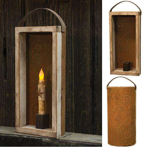 Tall Punched Tin Candle Holder, Antique White Tabletop CWI+ 