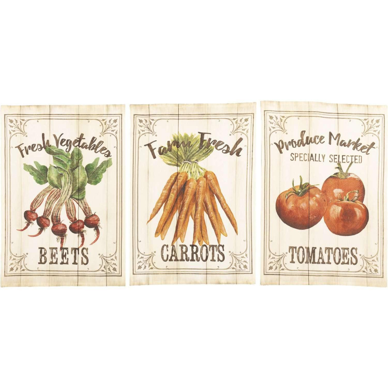 Farmer's Market Garden Veggie Unbleached Natural Muslin Tea Towel Set of 3 (Beets; Carrots; Tomato) VHC Brands - The Fox Decor