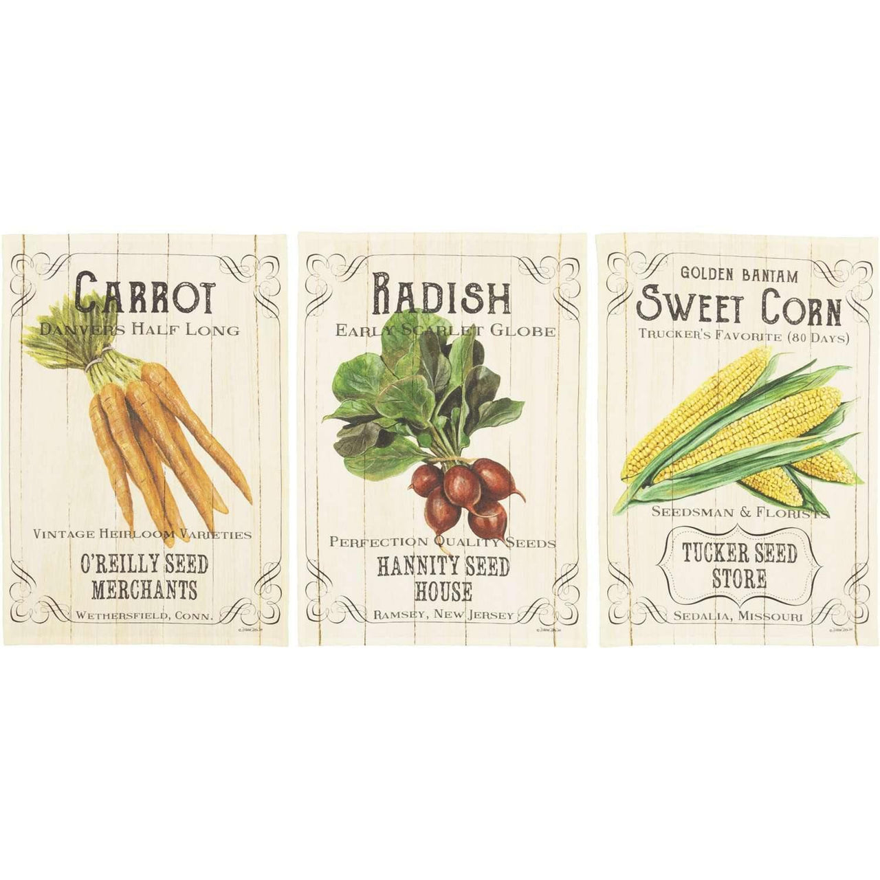 Farmer's Market Fresh Vegetable Unbleached Natural Muslin Tea Towel Set of 3 (Carrot; Radish; Corn) VHC Brands - The Fox Decor