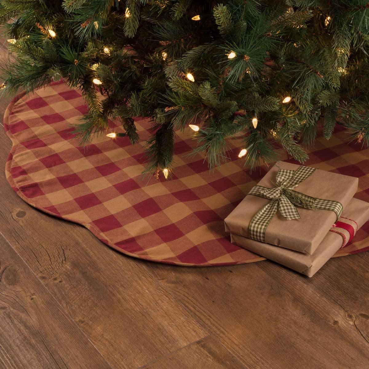 Burgundy Check Scalloped Christmas Tree Skirt 48 VHC Brands - The Fox Decor